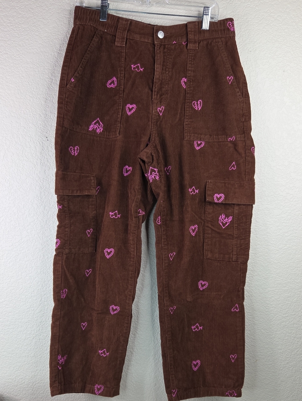 Women's Brown Corduroy Cargo Pants with Pink Heart Embroidery